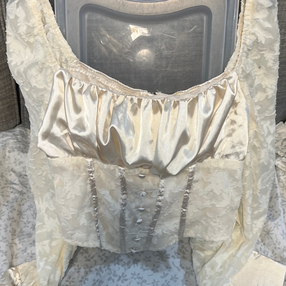 SHEIN Ivory Satin Lace Blouse